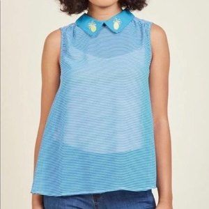 MODCLOTH Blue Striped Collared Top with Pineapple Decorated Lapel